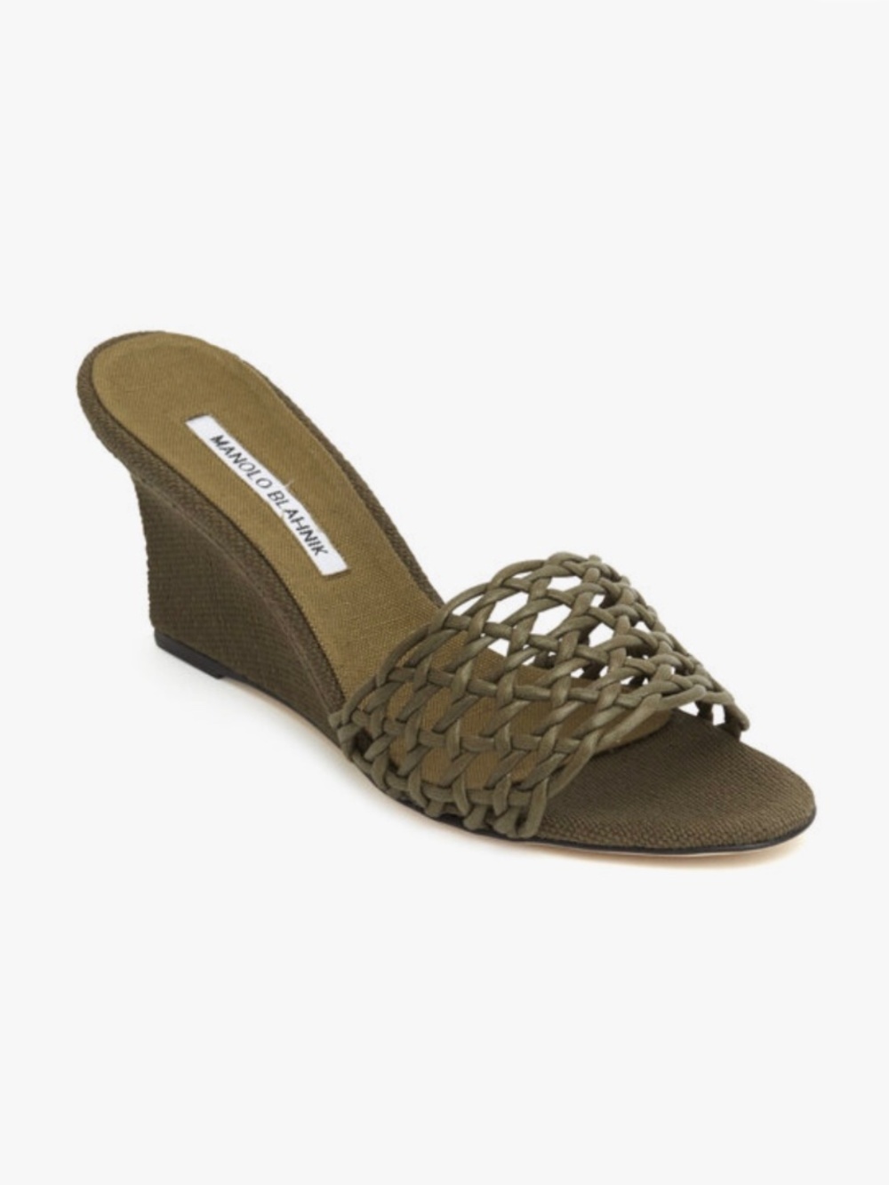 MANOLO BLAHNIK Women's Tolesi 38.5 Olive Green Woven Wedge Mule Sandals